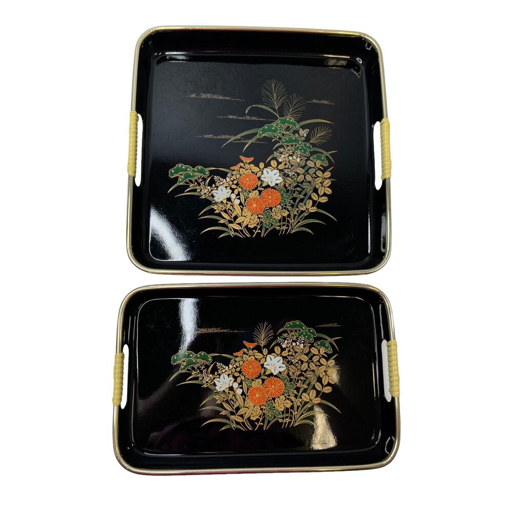 Vintage Lacquerware Set of 2 Black & Gold Floral Trays 1 square and 1 rectangle